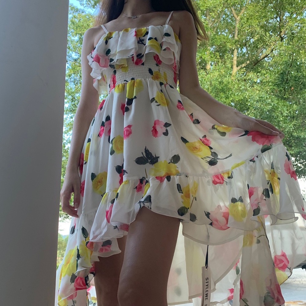 pink and yellow floral high-low maxi dress